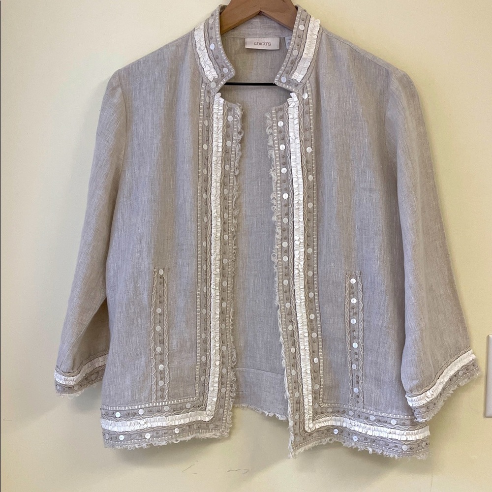 Chico’s Linen Blend Jacket Size 1 (8-10) – Embroidered & Sequin Trim Blazer